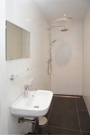 Modernes Badezimmer mit Dusche, Duschkopf und Waschbecken, weiße Fliesen und dunklem Boden.