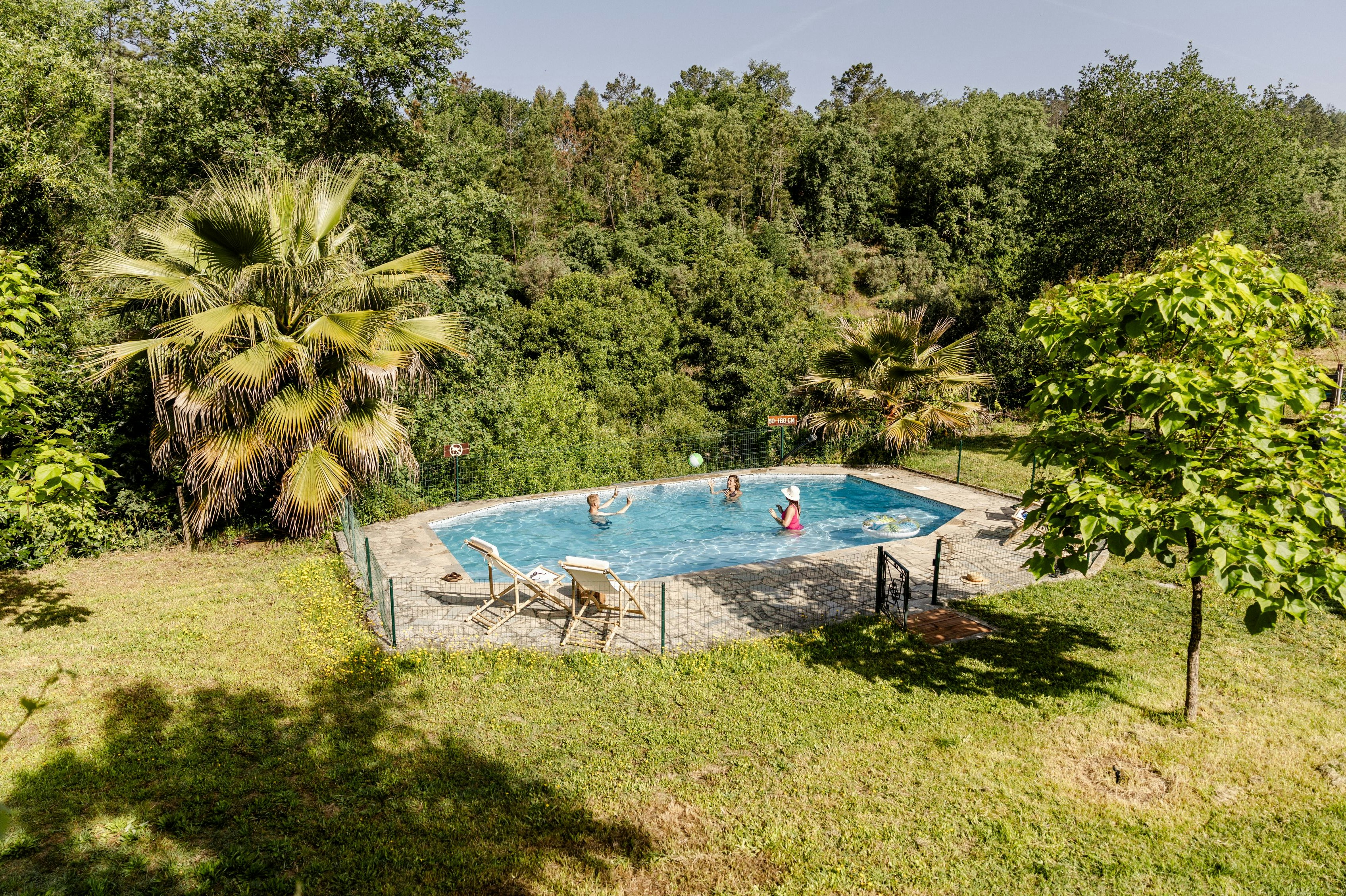 Camping-Pool im Grünen mit Liegen und Zaun, umgeben von Bäumen und Sträuchern.