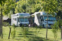 Camping Verneda -  Wohnmobilstellplatz zwischen Bäumen auf dem Campingplatz
