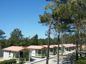 Reihen von Bungalows mit Veranda und Holzgeländer, umgeben von Bäumen auf einem Campingplatz unter klarem Himmel.