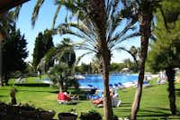 Camping Vilanova Park  -  Pool vom Campingplatz mit Liegestühlen in der Sonne auf grüner Wiese