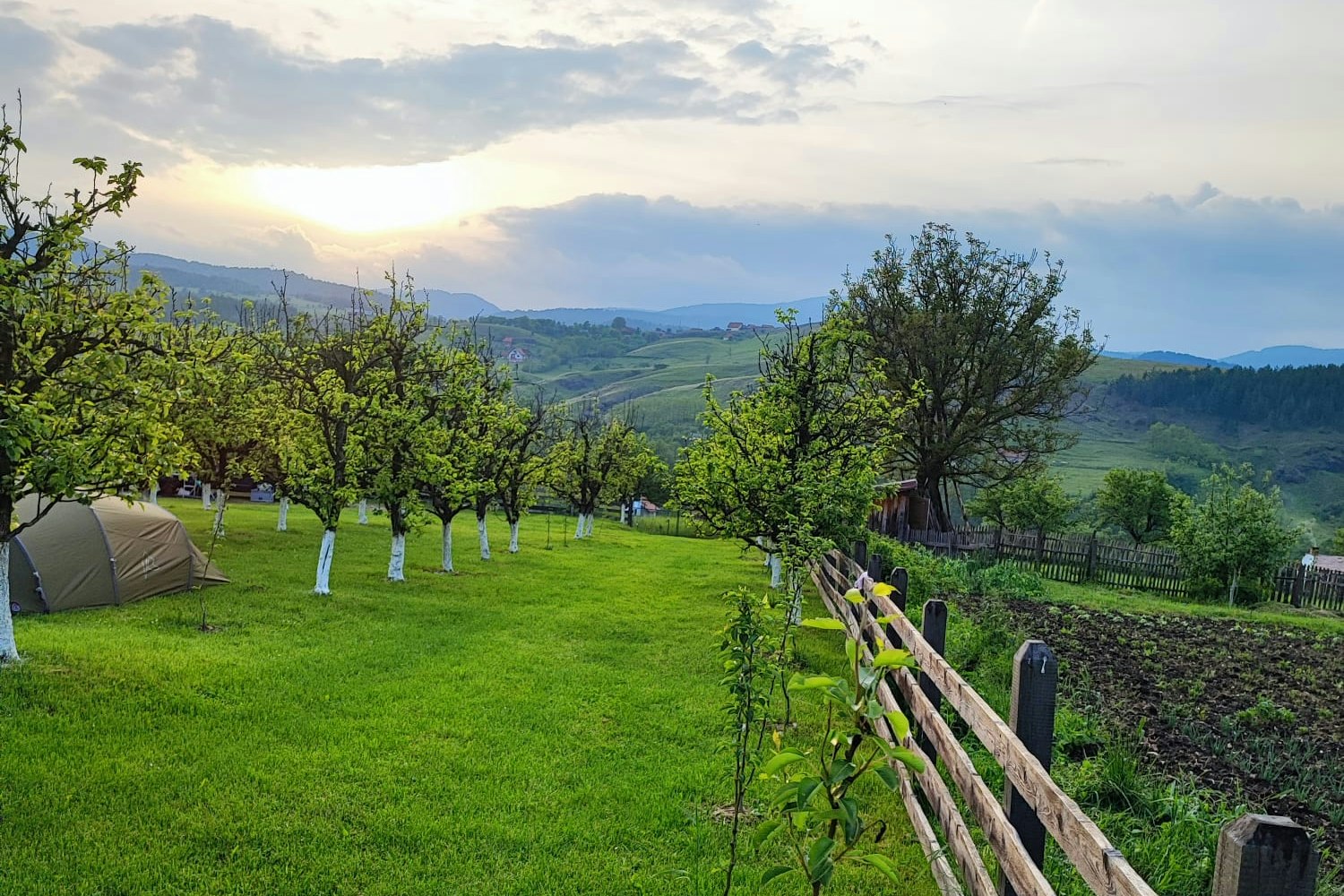 Campingwiese mit Zelt am Rand, Holzzaun, Obstbäume und weite Talsicht bei Sonnenaufgang.