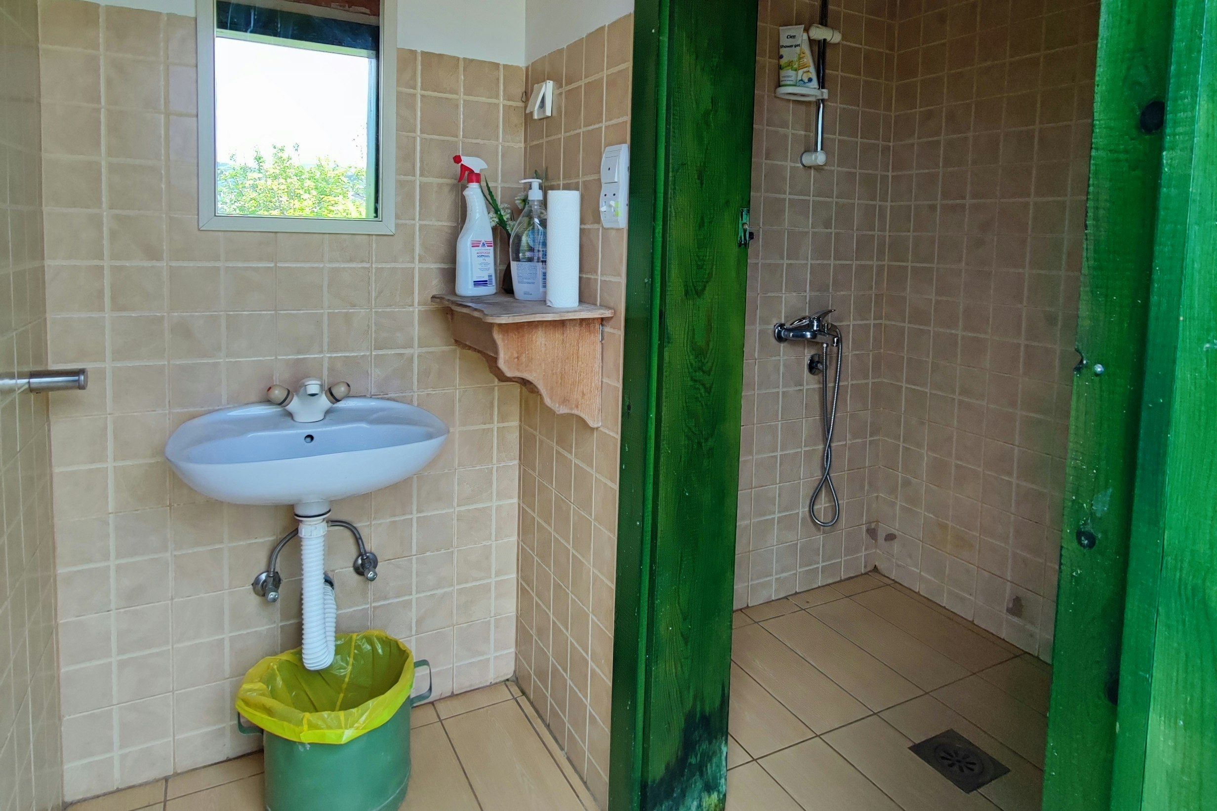 Camping-Badezimmer mit Waschbecken, grüner Tür, Dusche und Fliesenboden, Holzdecke und Handtuchhalter an der Wand.