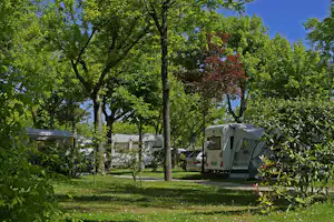 Camping Village Garden Paradiso - Wohnmobil- und Wohnwagenstellplätze auf der Wiese im Schatten der Bäume