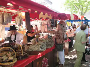 Fischstand unter rotem Zelt auf einem Campingmarkt, mit Körben voller Fische und mehreren Personen am Tisch.