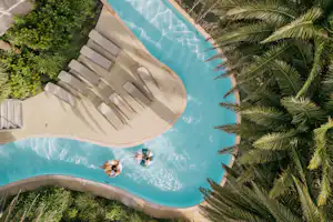 Blauer Pool mit Treppen und Liegen, umgeben von Palmen und Grün, Luftaufnahme von oben.