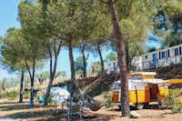 Camping Villaggio Cerquestra - Kleinbus und Stellplätze im Schatten auf dem Campingplatz 
