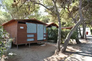 Holz-Bungalow mit gestreifter Markise und Veranda, umgeben von Bäumen und Kiesweg auf dem Campingplatz.