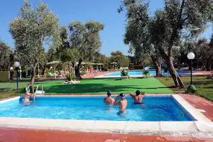 Camping-Pool mit Kindern im Wasser, Liegen und Sonnenschirmen, Olivenbäume und Rasen im Hintergrund.