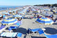 Camping Villagio Atlanta & Mediterraneo  -  Strand mit Sonnenschirmen und Liegestühlen am Campingplatz