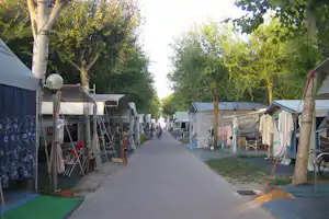 Camping Villagio Atlanta & Mediterraneo - Wohnwagen- und Zeltstellplatz zwischen Bäumen auf dem Campingplatz