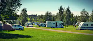 Wohnmobile und Autos auf einem grünen Campingplatz, dazwischen ein breiter Weg und Bäume im Hintergrund.
