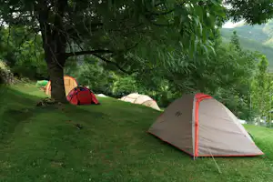 Campingzelte auf einer grünen Wiese unter Bäumen, im Hintergrund weitere Zelte und ein grünes Tal.