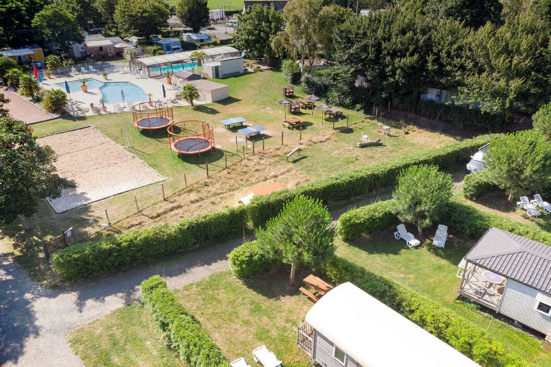 Campinganlage mit Pool, Liegen und Spielbereich mit runden Trampolinen, umgeben von Bäumen und Rasenflächen.