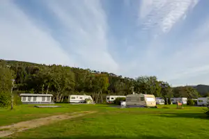 Wohnwagen und Campingbusse auf einer grünen Wiese, umgeben von Bäumen und einem Hang im Hintergrund.