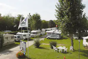 Wohnmobile und Campingbusse auf einem Stellplatz, dazwischen ein Weg und Rasen, im Hintergrund Bäume und Flaggen.