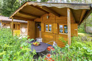 Camping Waldsee - Blick auf Mobilheim mit Terrasse im Grünen auf dem Campingplatz