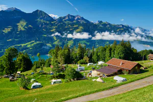 Camping Wang - Luftaufnahme vom Campingplatz mit Blick auf die Alpen und den Thuner See