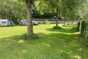 Grüne Campingwiese mit Bäumen, Wohnmobil und Wohnwagen am Rand, Hecke und geparkte Autos im Hintergrund.