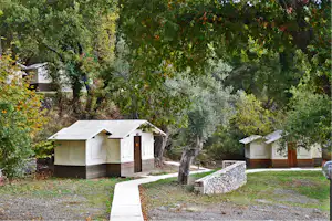Mehrere Holz-Hütten auf einem Campingplatz im Grünen, umgeben von Bäumen, mit Wegen und kleinen Sitzbereichen.