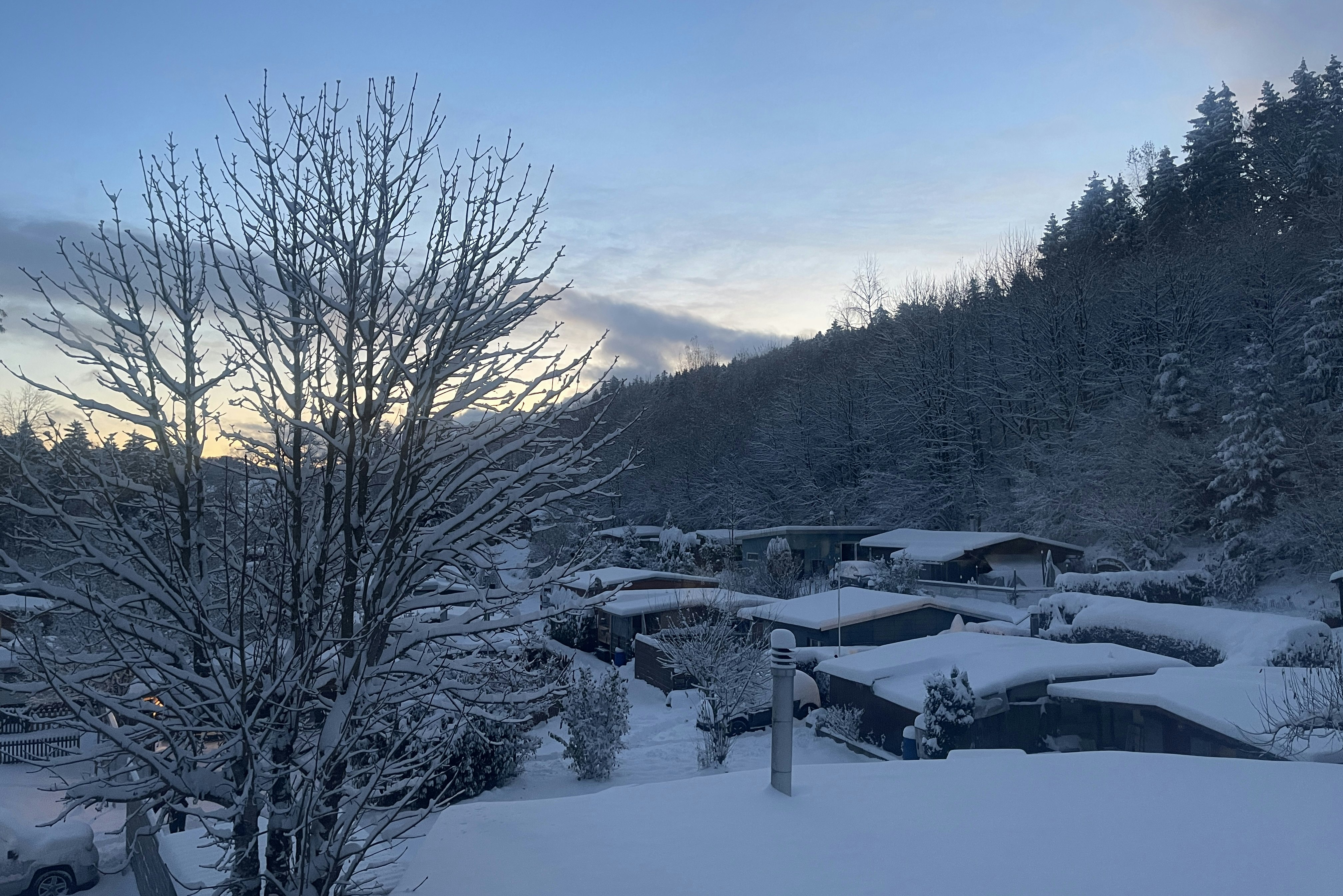 Verschneiter Campingplatz mit Wohnwagen und Zelten, davor Schnee auf Bäumen und Hecken bei blauem Abendhimmel.