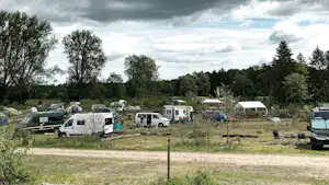 Campingplatz mit Wohnmobilen und Zelten auf einer Wiese, umgeben von Bäumen und einem Weg.