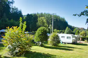 Wohnwagen auf einem Campingplatz im Grünen, mit Sat-Schüssel, Gartenmöbeln und Bäumen im Hintergrund.