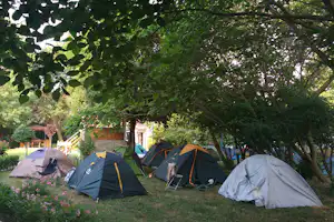 Camping Zora - Zeltplatz vom Campingplatz im Schatten von Bäumen auf grüner Wiese