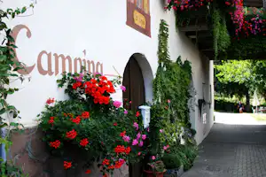 Weiße Hauswand mit Schriftzug „Ammin“ und vielen roten und pinken Blumen in Töpfen, am Wegesrand.