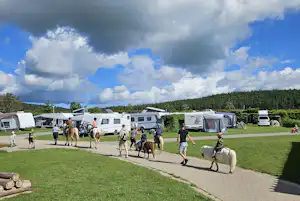 Wohnwagen und Campingfahrzeuge auf einem Stellplatz, daneben ein gepflasterter Weg und Rasenfläche mit Bäumen im Hintergrund.
