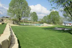 Großer Rasenbereich auf dem Campingplatz mit Pool, Liegen und Bäumen, daneben ein Weg und Hecken.