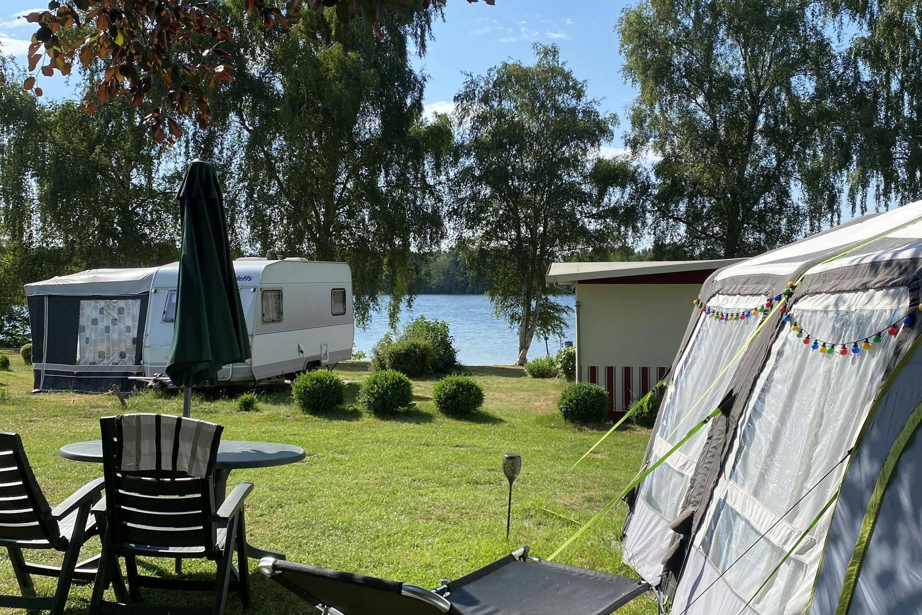 Campingpark Augstfelde - Standplätze auf grüner Wieser mit Bäumen in Seenähe