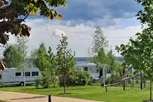 Wohnmobile auf einem Campingplatz zwischen grünen Bäumen, im Hintergrund ein bewölkter Himmel und eine Wiese.