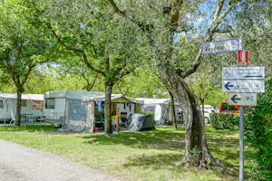Campingpark Delle Rose - Blick auf die Standplatzwiese im Schatten der Bäume