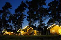 Campingpark Haddorfer Seen  -  Mobilheime vom Campingplatz zwischen Bäumen bei Nacht