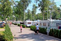 Campingpark Kühlungsborn  -  Camper mit Fahrrädern auf dem Gehweg entlang der Stellplätze