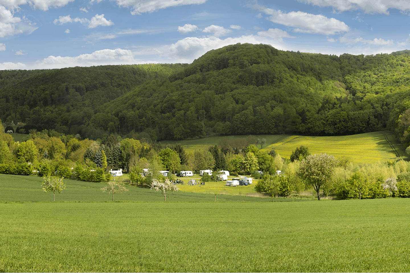 Campingpark Schellental  - Blick auf den Campingplatz zwischen grünen Hügeln