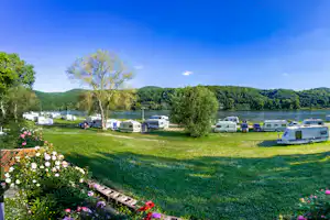 Campingplatz am Fluss mit Wohnwagen und Wohnmobilen auf grüner Wiese, Bäume und Berge im Hintergrund.