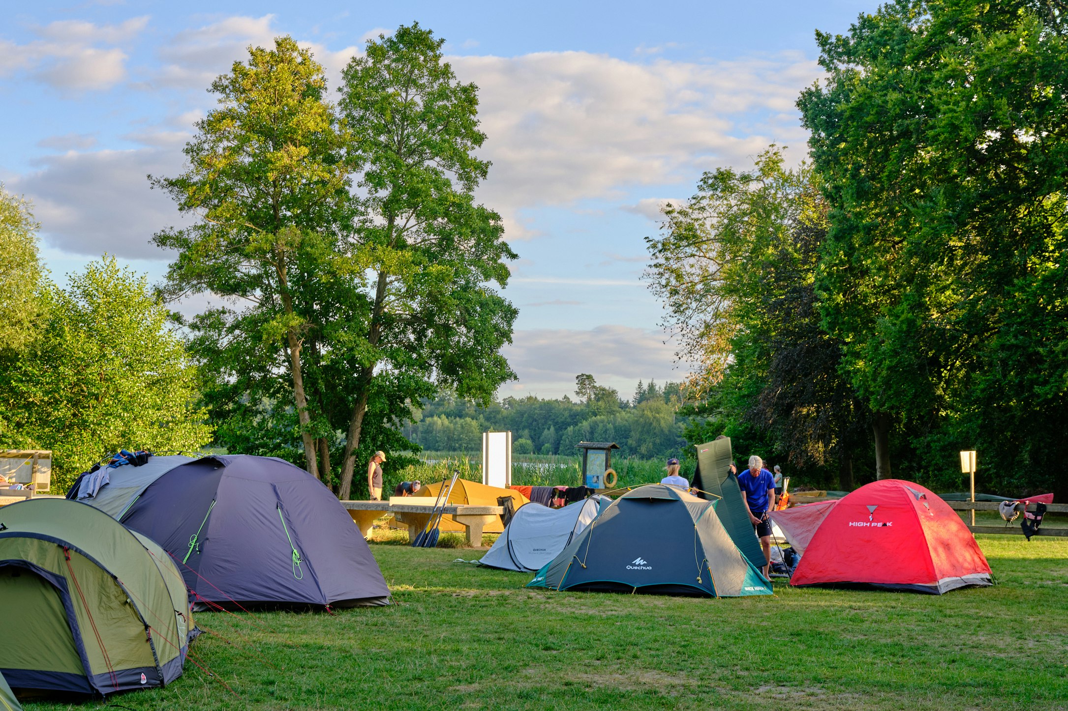 Zeltplatz mit mehreren Zelten auf einer Wiese, Bäume im Hintergrund und ein Weg zwischen den Stellplätzen.