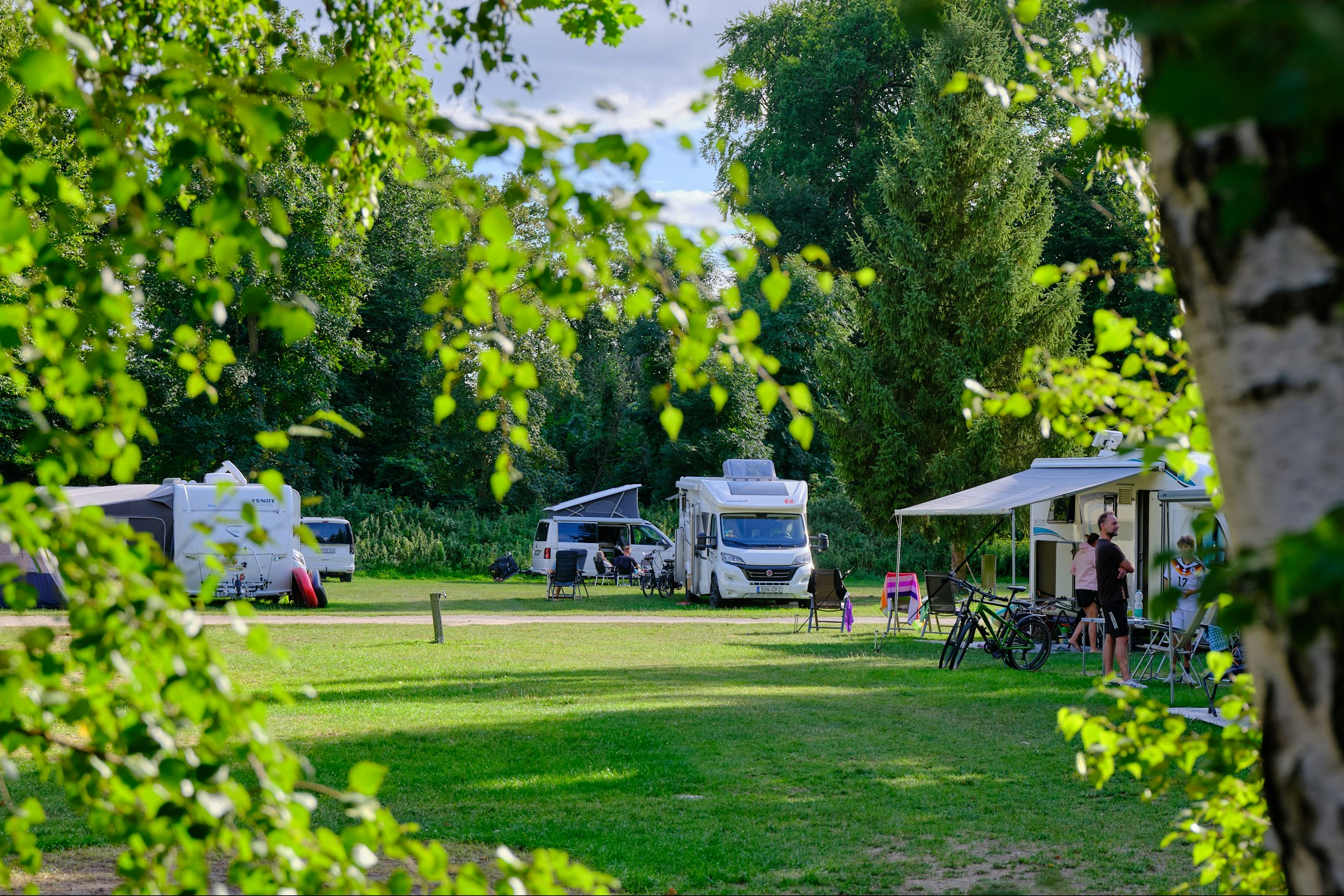 Campingplatz im Grünen: Wohnwagen und Zelte auf Stellplätzen, Tische und Stühle unter Sonnenschirmen, umgeben von Bäumen.