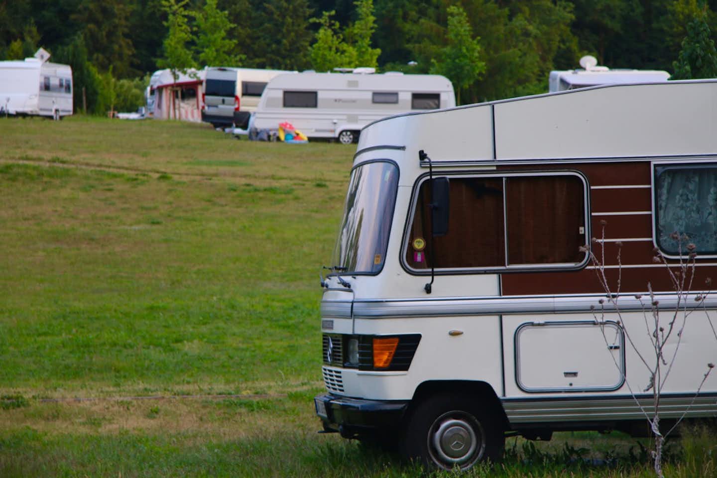 Campingplatz am Liepnitzsee - Wohnwagen auf dem grünen Stellplatz auf dem Campingplatz