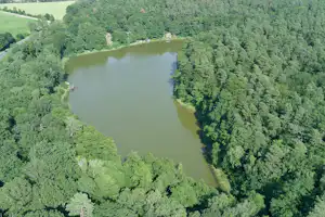 Campingplatz am Sassenpfuhl e.V. - Luftaufnahme des Sees umgeben von Wald