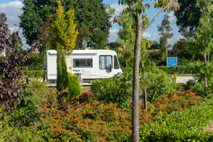 Wohnmobil im grünen Campinggarten mit Hecken, Blumenbeeten und hohen Palmen, im Hintergrund ein Weg und Bäume.