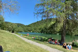 Campingplatz am Seeufer mit Grasweg, Bäumen und Sitzgruppe am Steg, im Hintergrund bewaldete Hügel.