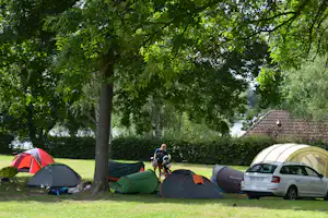 Campingwiese mit mehreren Zelten und Wohnwagen, daneben ein Auto, umgeben von Bäumen und einem Weg.
