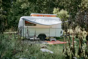 Wohnmobil mit Markise auf einem Campingplatz im Grünen, umgeben von Bäumen und Gras.