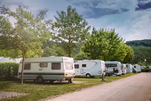 Wohnmobile auf einem Campingplatz entlang eines Weges, mit Bäumen und Hecken im Hintergrund.