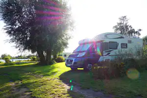 Wohnmobil auf einem Campingplatz im Grünen, neben Büschen und Bäumen, mit Grasweg und Rasenfläche.
