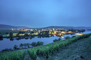 Abendblick auf ein Dorf am Fluss mit beleuchteter Brücke, Weinbergen im Vordergrund und ruhigem Wasser.