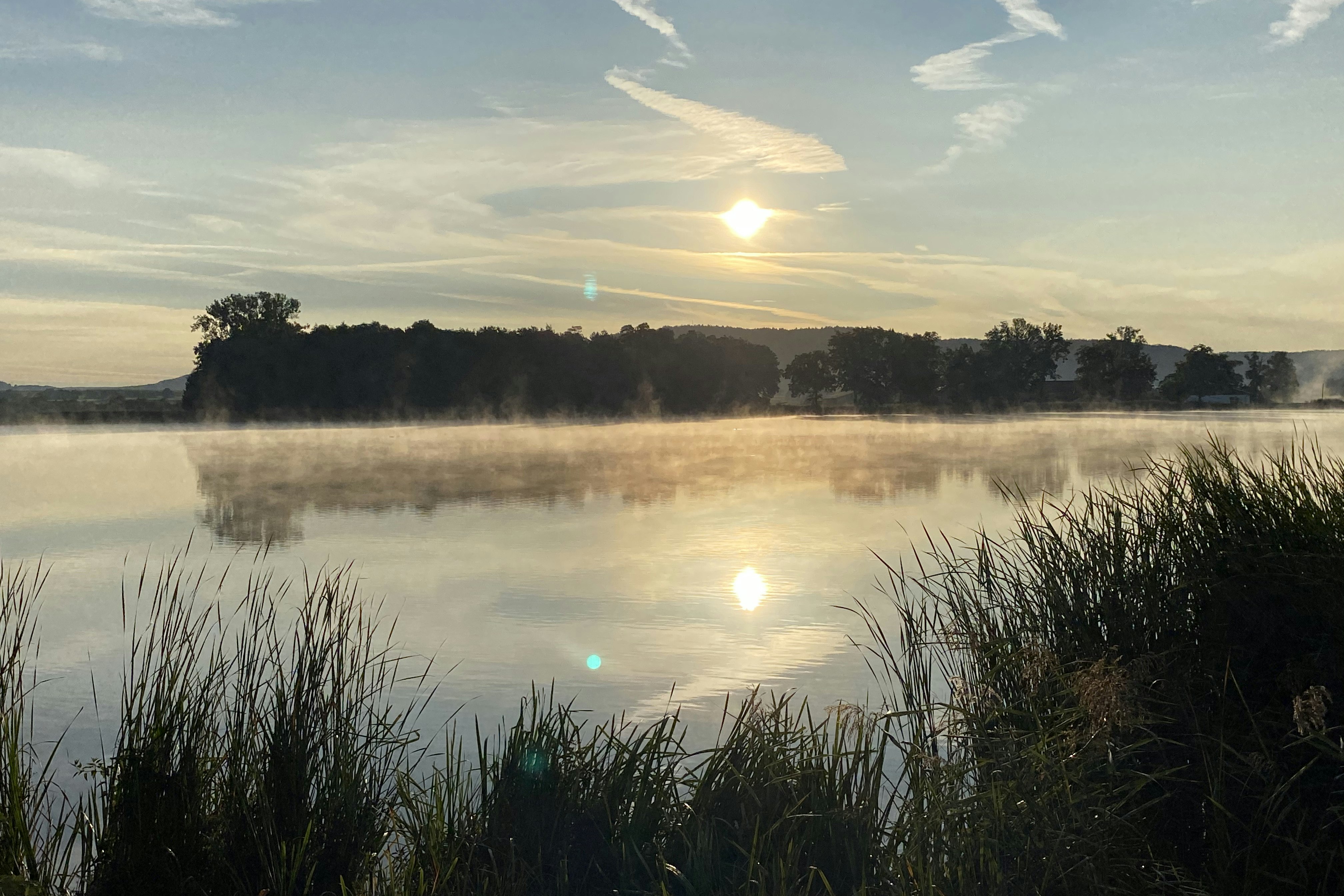 Naturcamp Kauerlach  Campingplatz Kauerlacher Weiher - Blick auf den Campingplatz in der Morgensonne